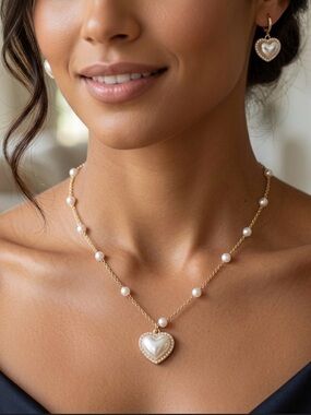 Heart Shape Faux Pearls Rhinestones Necklace and Drop Earrings Set, New